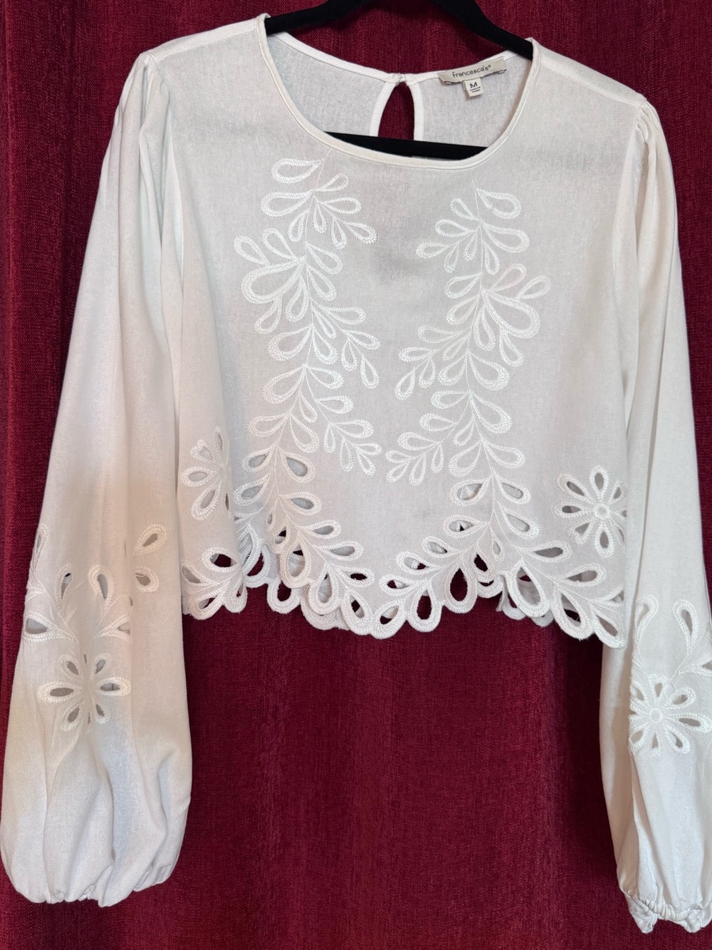Francesca's Collections White Embroidered Crochet Cutout Blouse